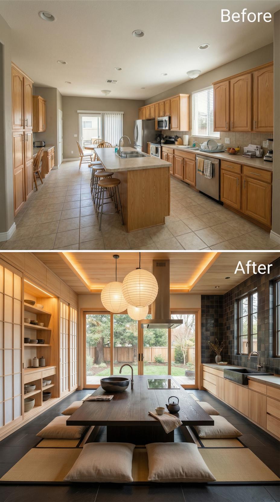 Sunken Dining Table Surrounded by Shoji Screens and Paper Lanterns