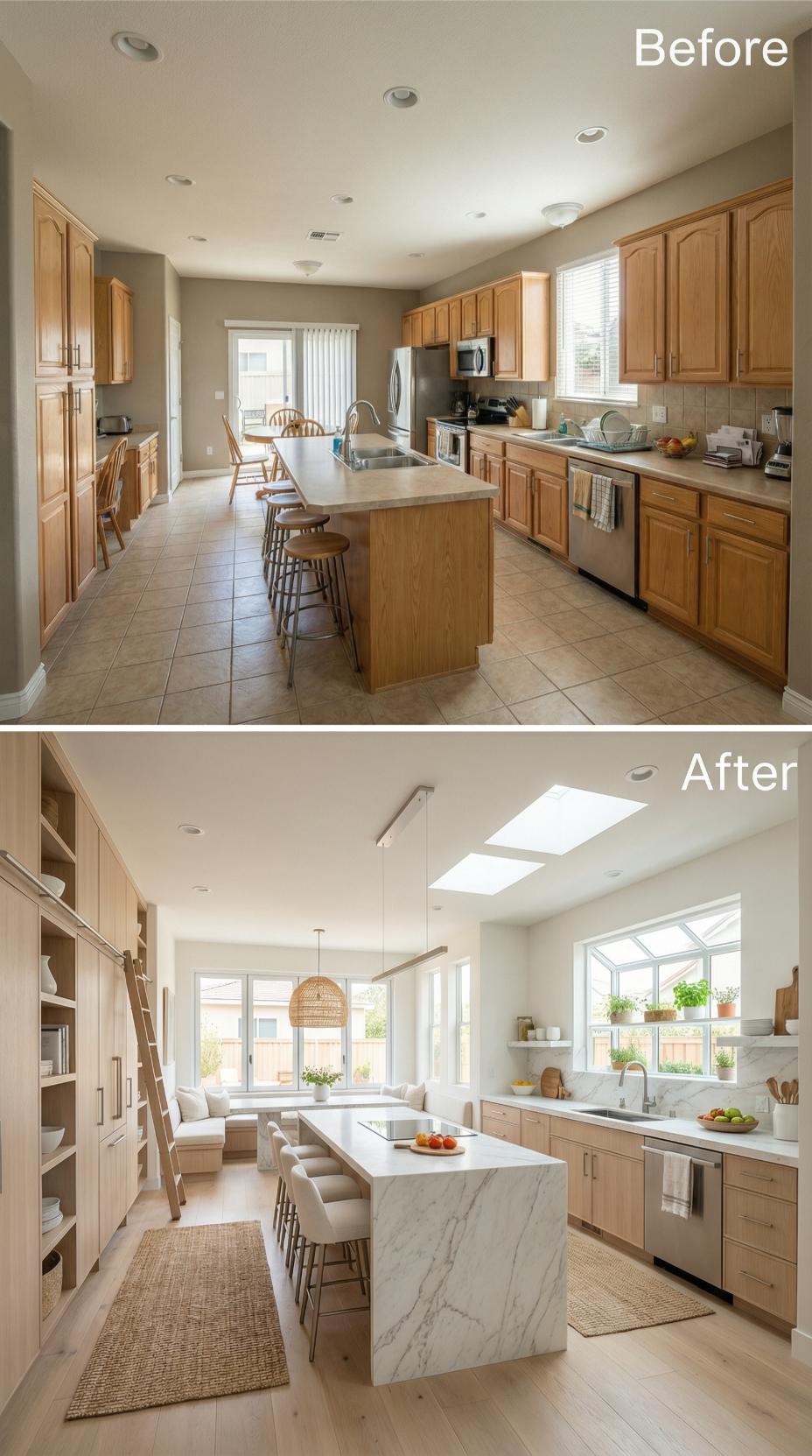Natural Oak Cabinetry Gains Skylights and a Waterfall Marble Island