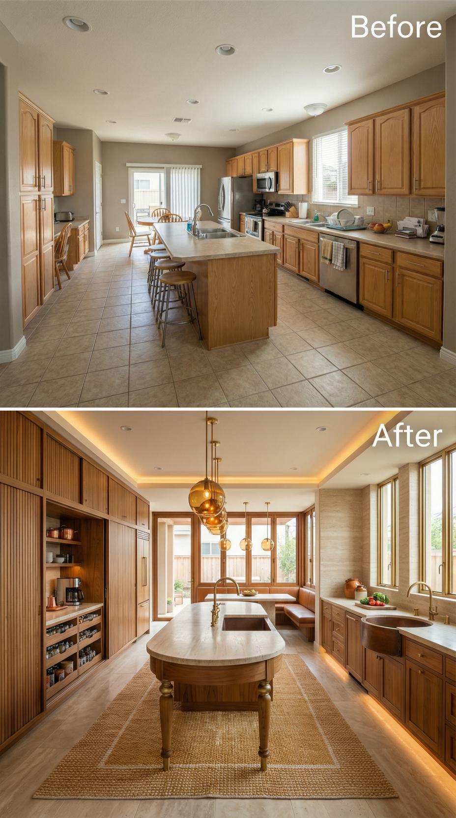 Vertical Fluted Oak Storage Walls Frame an Island with Turned Legs