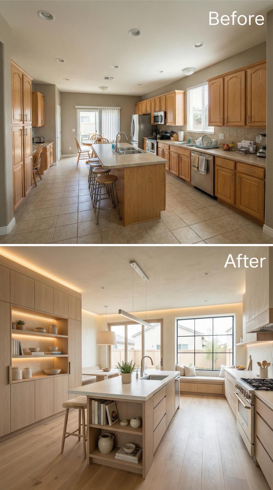 Blonde Wood Slab Cabinets Float Under Perimeter LED Cove Lighting