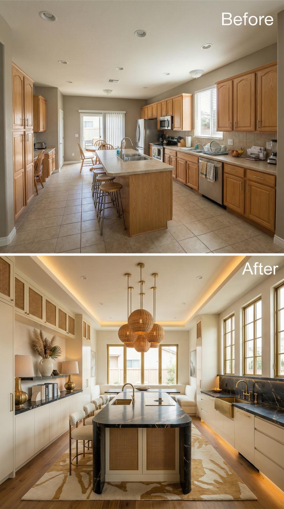 Rattan Pendants and Cove Lighting Replace Oak Cabinets with Tray Ceiling Drama