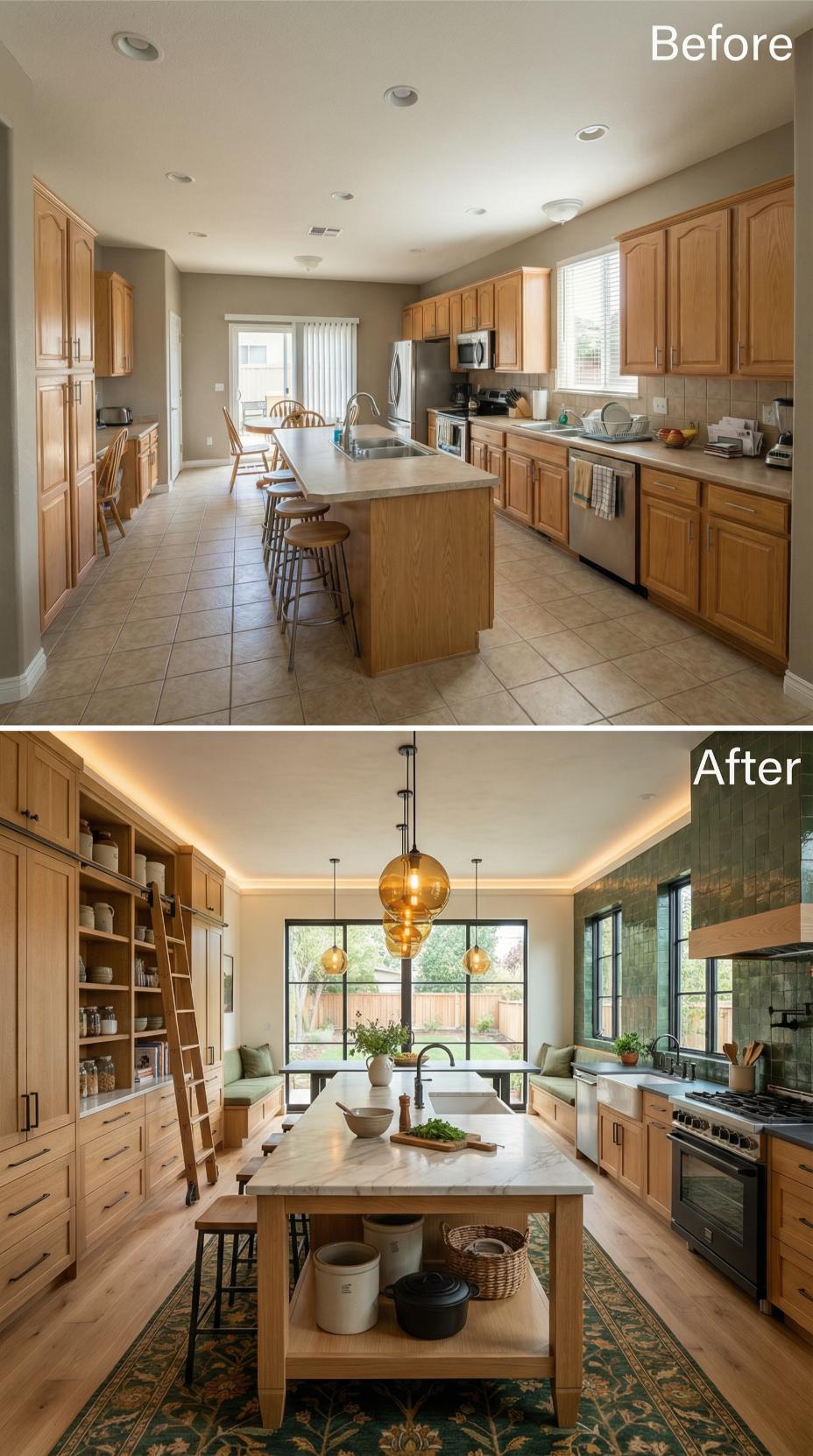 Amber Glass Globes Suspend Over Island Flanked by Ladder-Accessible Pantry Walls