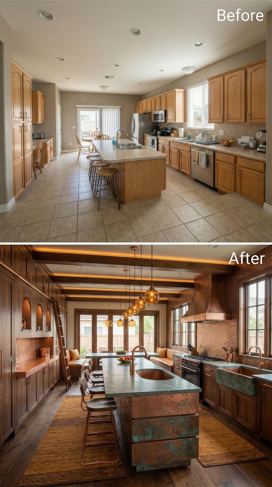 Beige Tile and Oak Vanish Into Dark Walnut with Copper and Patina