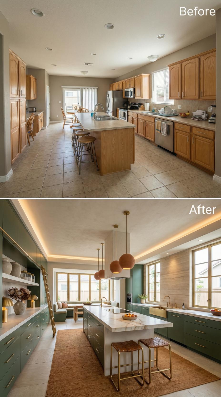 Sage Flat-Panel Cabinets and Marble Waterfall Island Under Rope Cove Lighting