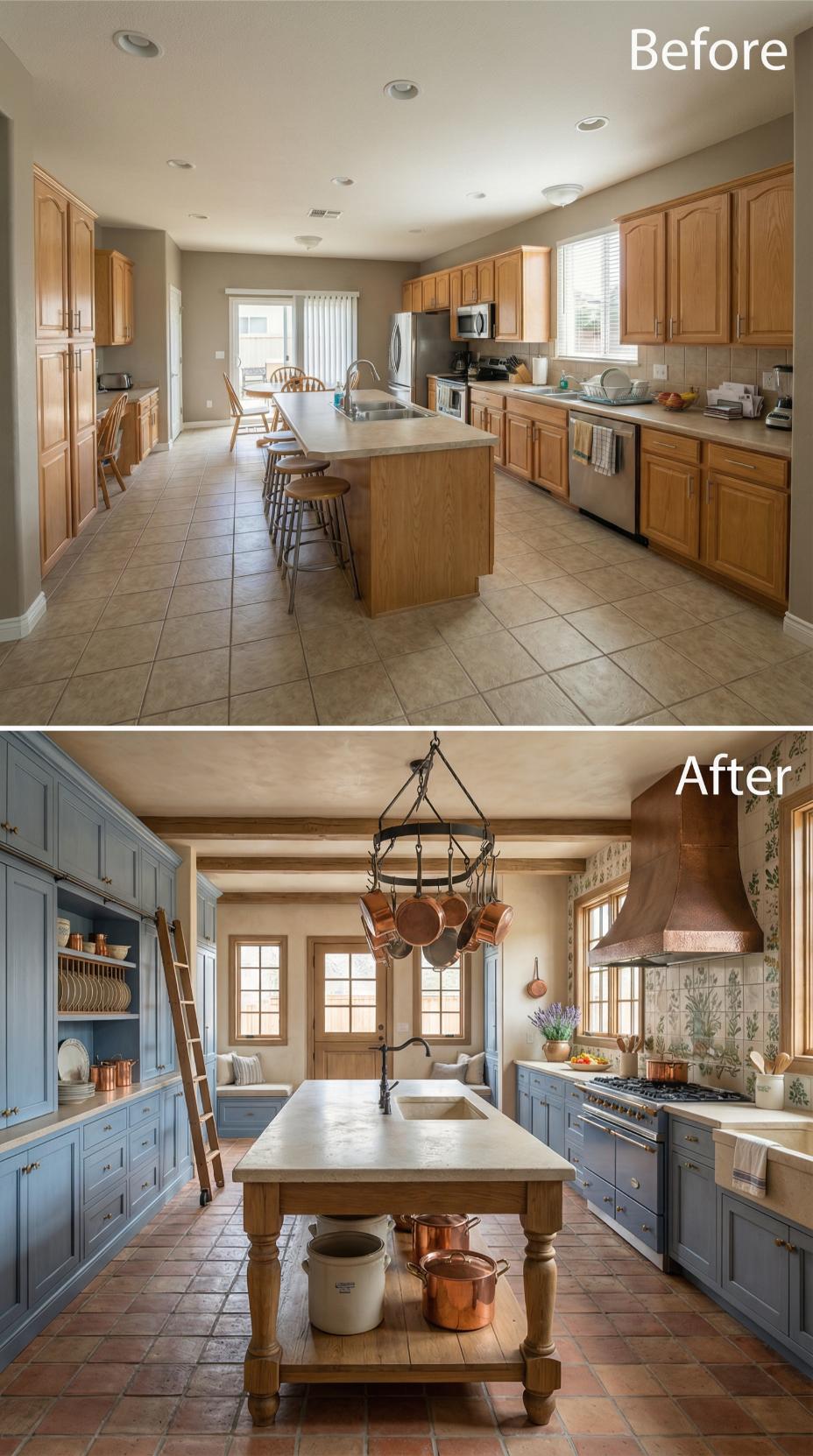 Powder Blue Cabinetry and Turned-Leg Marble Island Under Pot Rack Chandelier