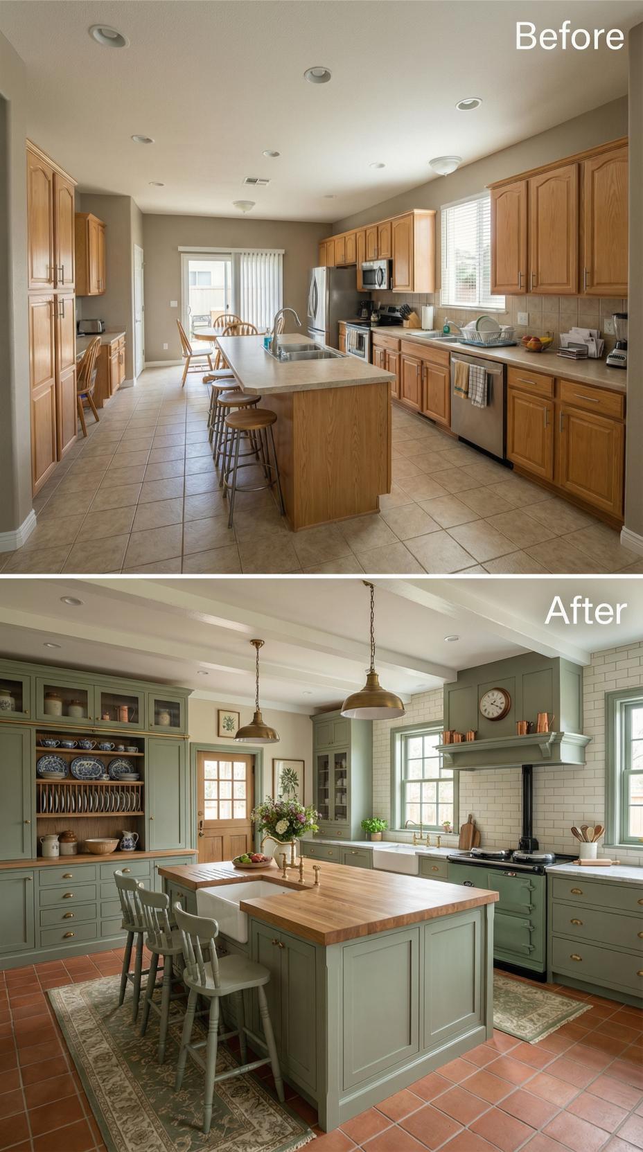 Sage Cabinetry and Butcher Block Island Replace Beige Tile and Oak