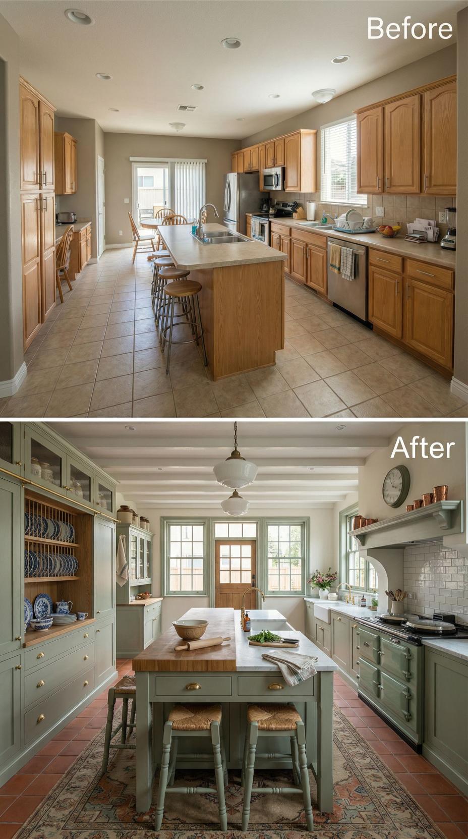 Sage Shaker Cabinets with Plate Rack and Butcher Block Island