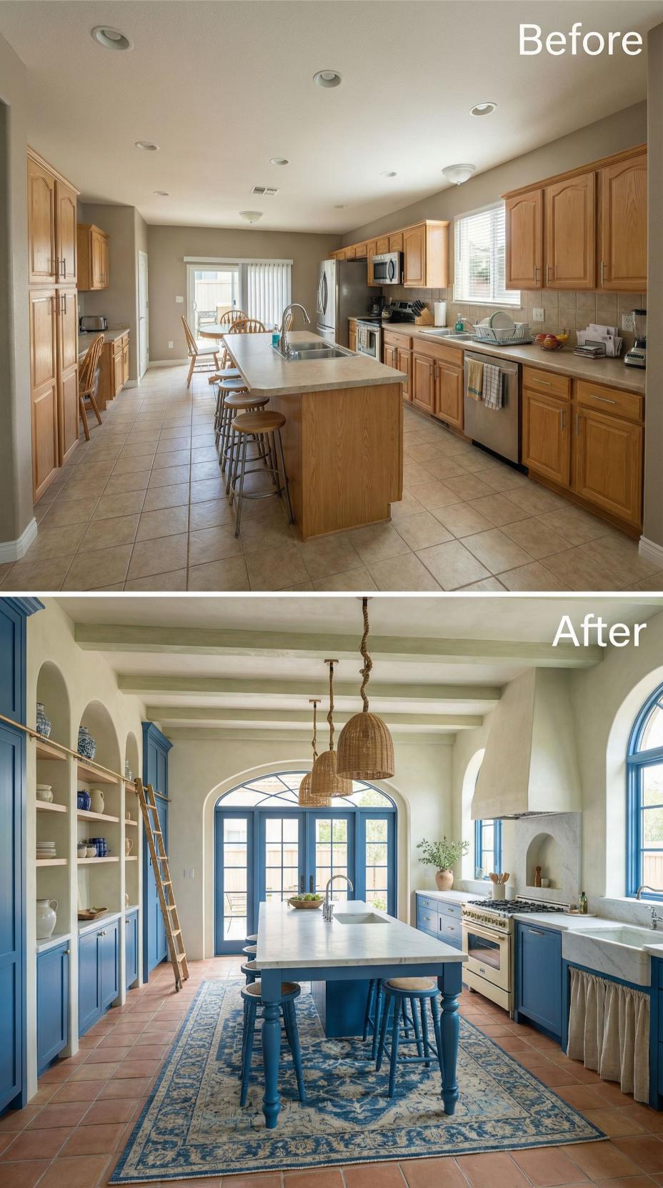Blue Arched Cabinetry and Wicker Pendants Replace Recessed Lighting Grid