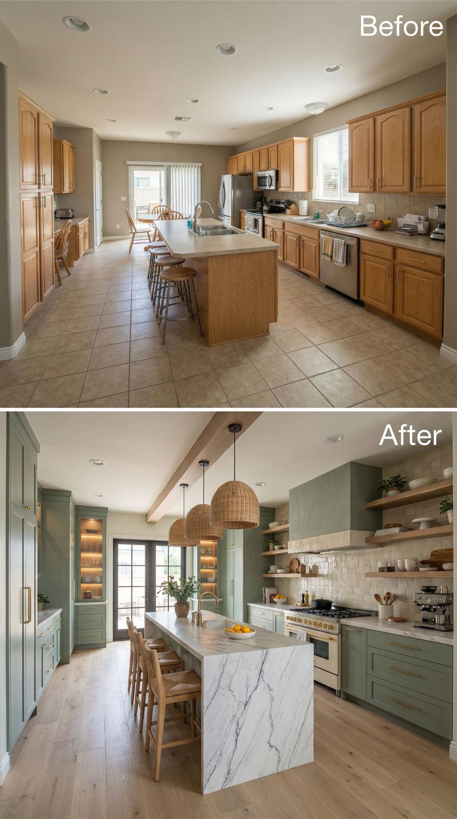 Sage Shaker Cabinets and Marble Waterfall Island Replace Beige Tile