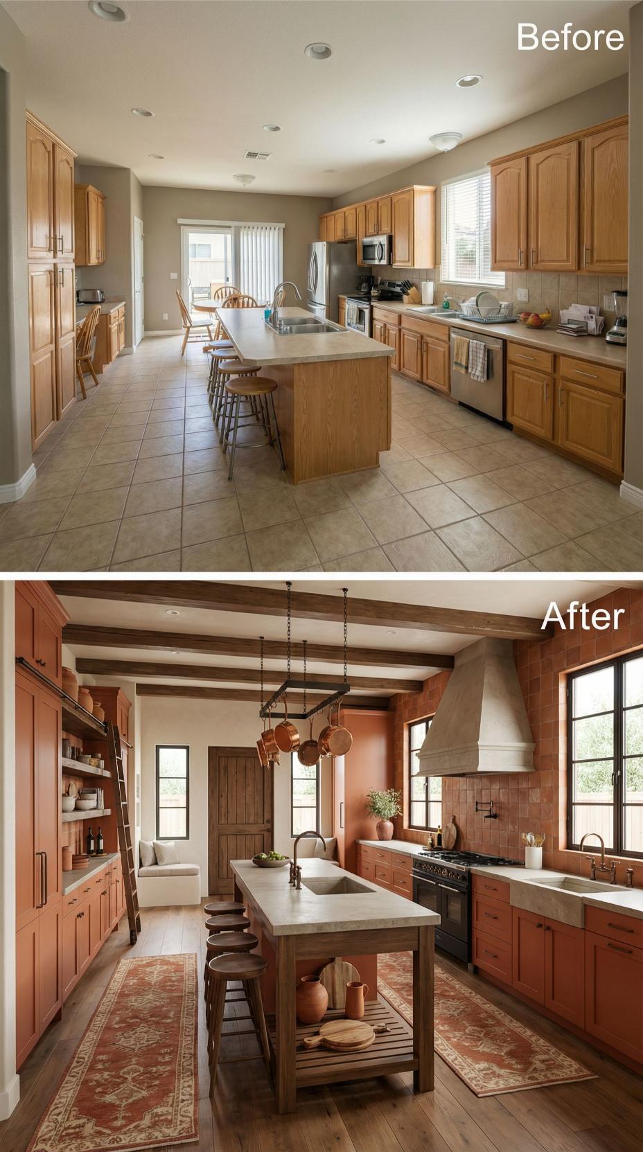 Terracotta Tile Backsplash and Copper Pot Rack Replace Beige Oak Galley