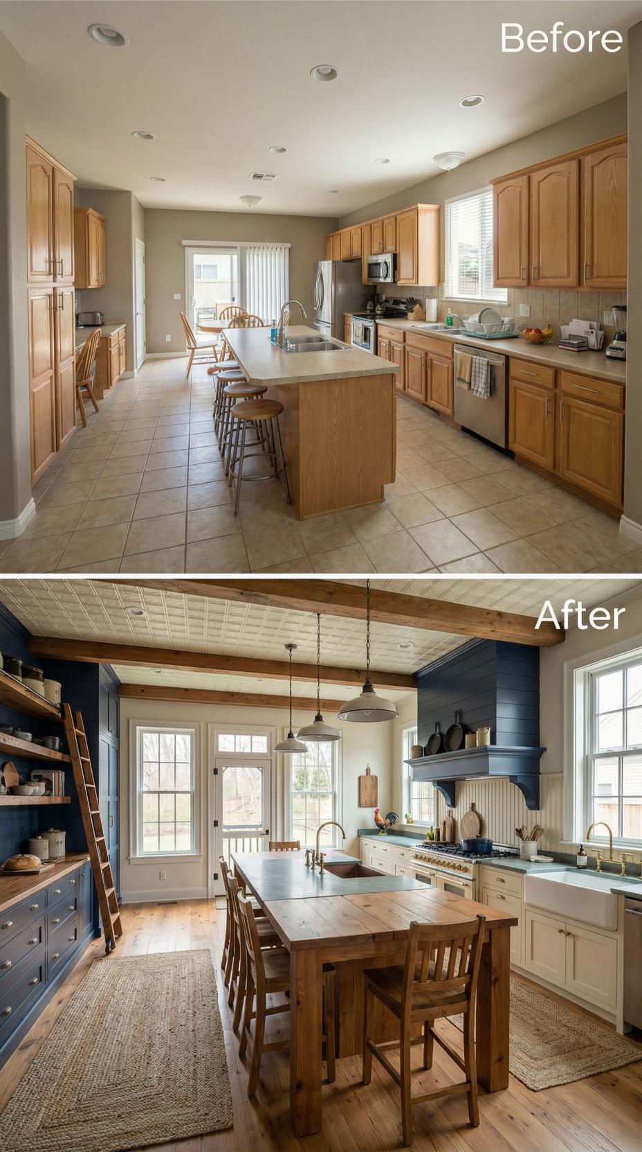Navy Shiplap Hood and Beadboard Ceiling Replace Tan Tile Layout