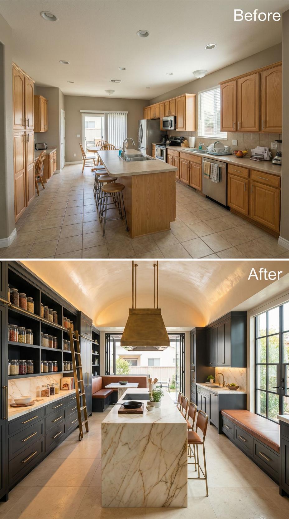Charcoal Shaker Pantry and Marble Waterfall Island with Brass Chandelier
