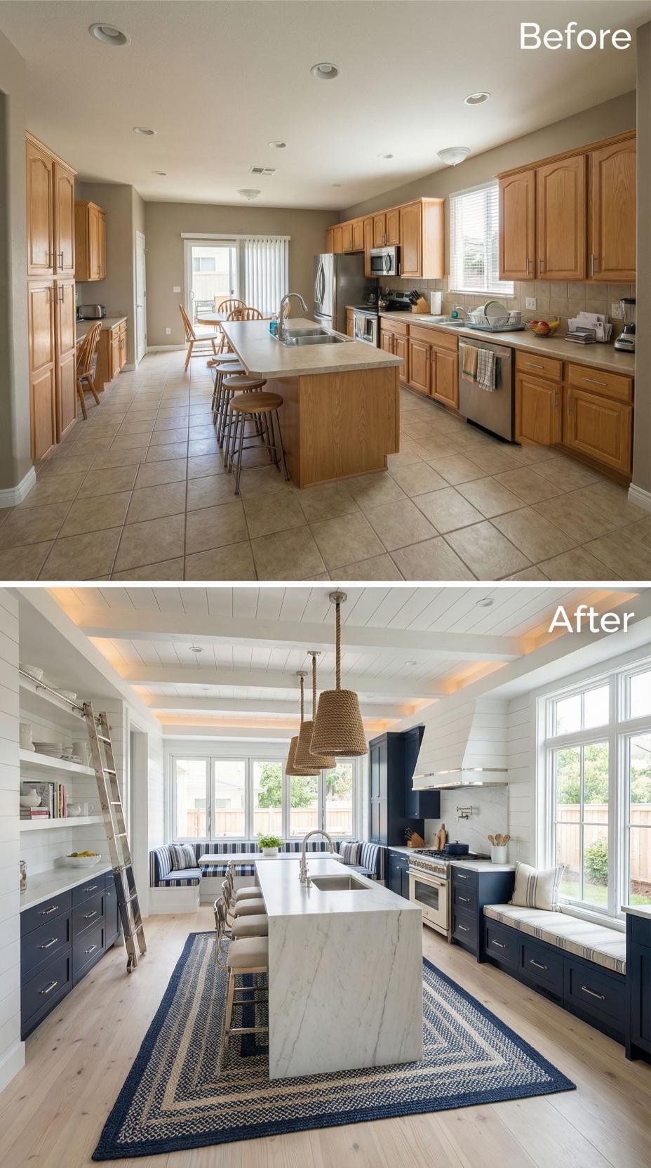 Navy Lowers with Shiplap Walls and Rope Basket Pendants Over Built-In Banquette