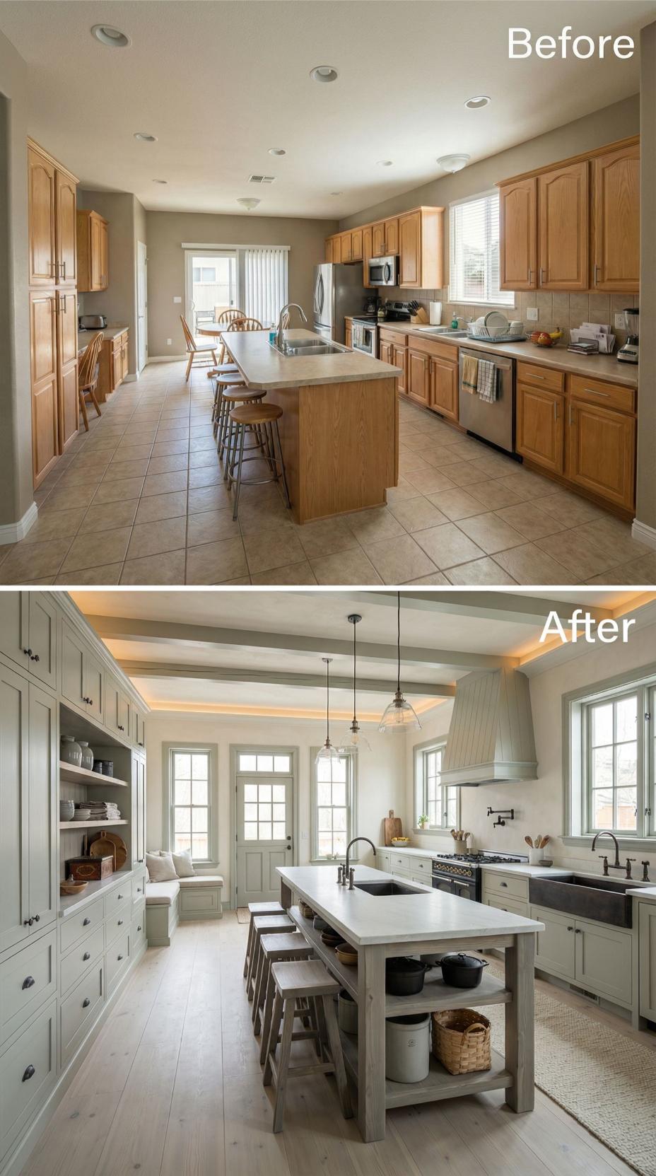 Soft Gray Shaker Doors and White Marble Island with Open Shelving