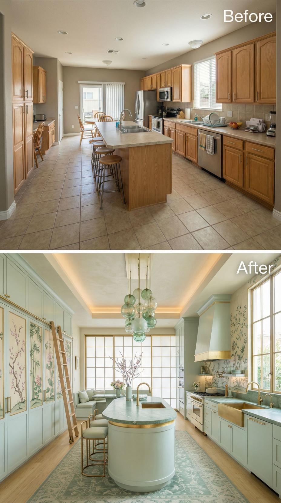 Pale Mint Cabinets with Chinoiserie Panels and Tray Ceiling Crown Molding