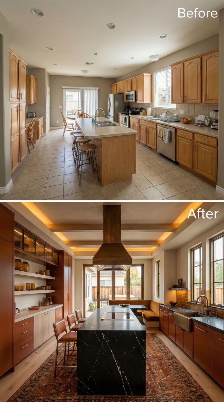 Walnut Cabinets with Coffered Ceiling and Black Marble Island
