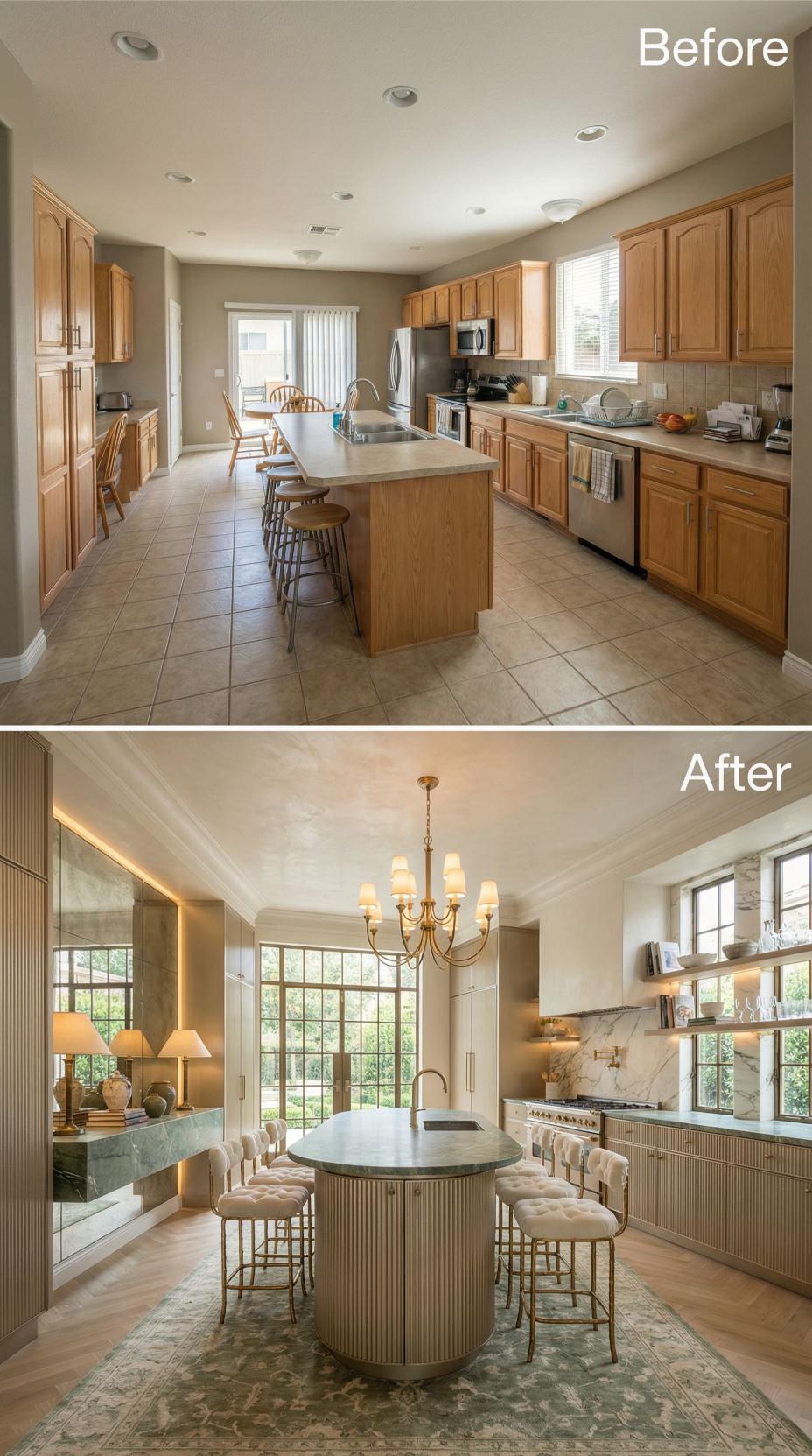 Fluted Cabinetry and Gold Chandelier Replace Oak and Beige Tile