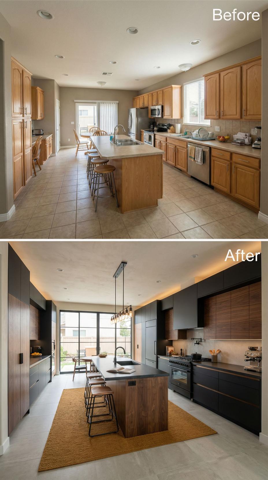 Dark Slab Fronts and Walnut Grain Replace Oak Raised-Panel Layout