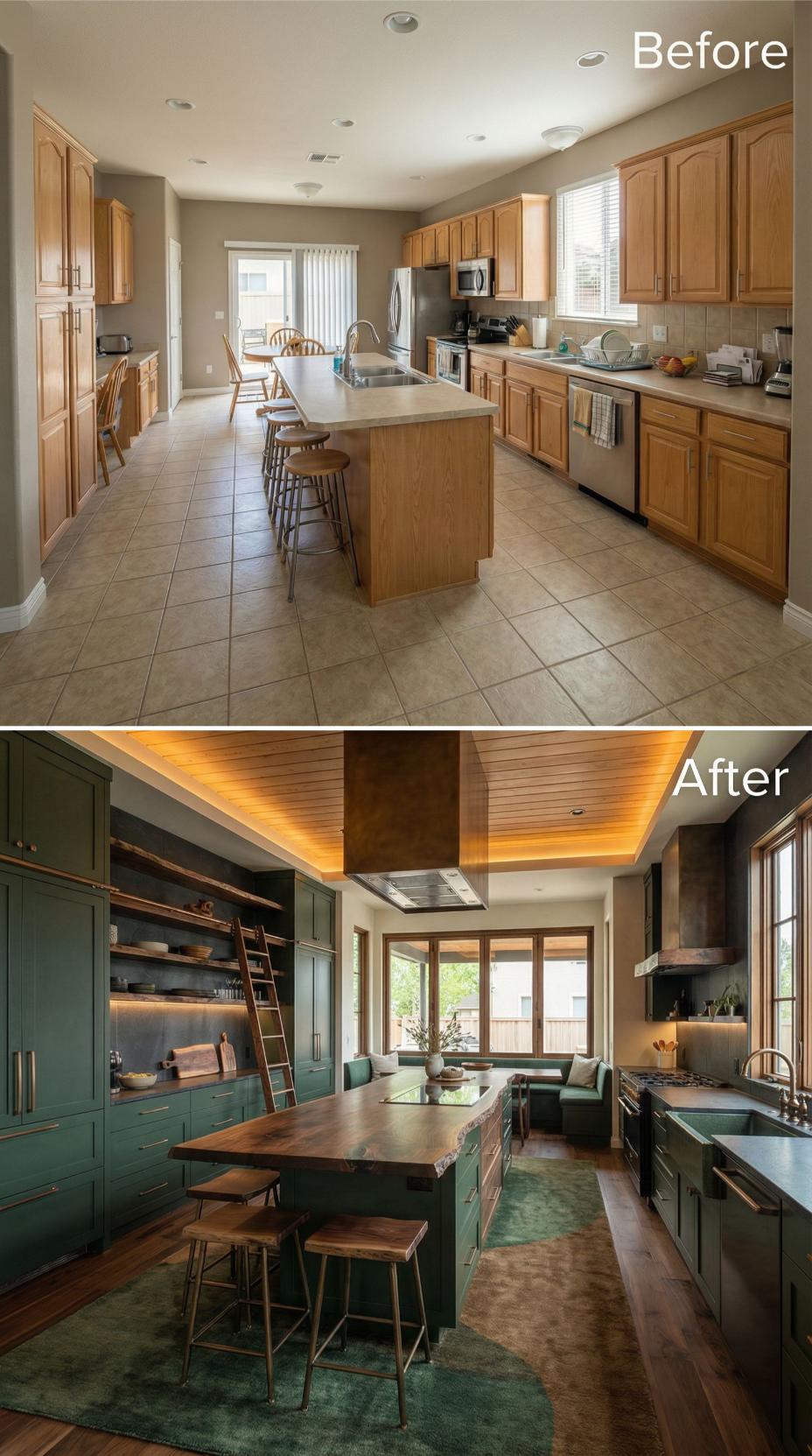 Forest Green Shaker Doors with Wood Tray Ceiling and Library Ladder