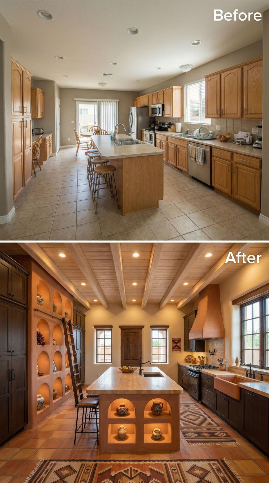 Timber-Beamed Ceiling and Adobe-Style Niches Replace Oak Galley