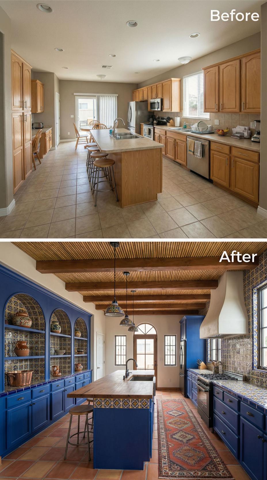 Cobalt Blue Cabinetry with Slatted Cedar Ceiling and Moroccan Tile