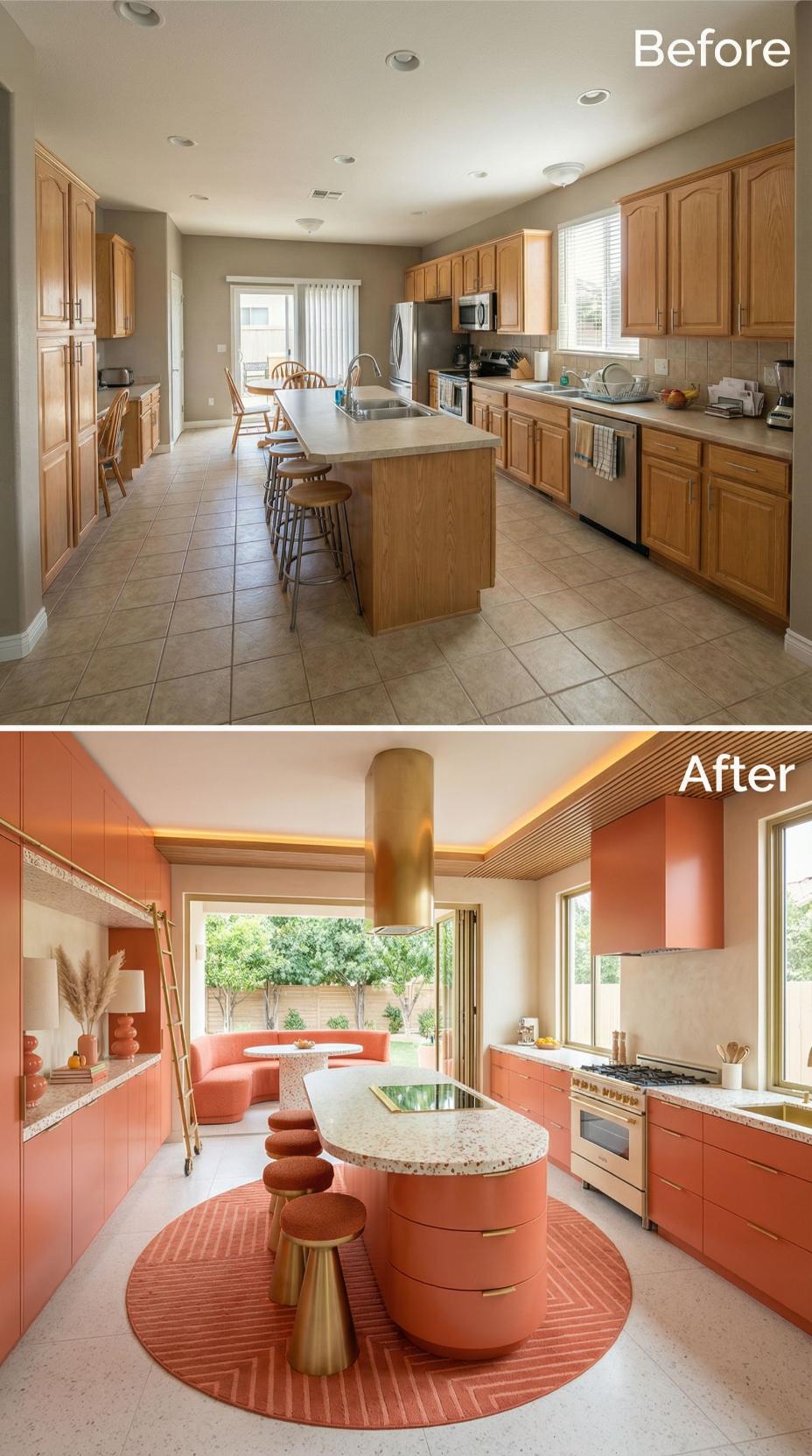 Burnt Coral Lacquer and Curved Island with Golden Range Hood