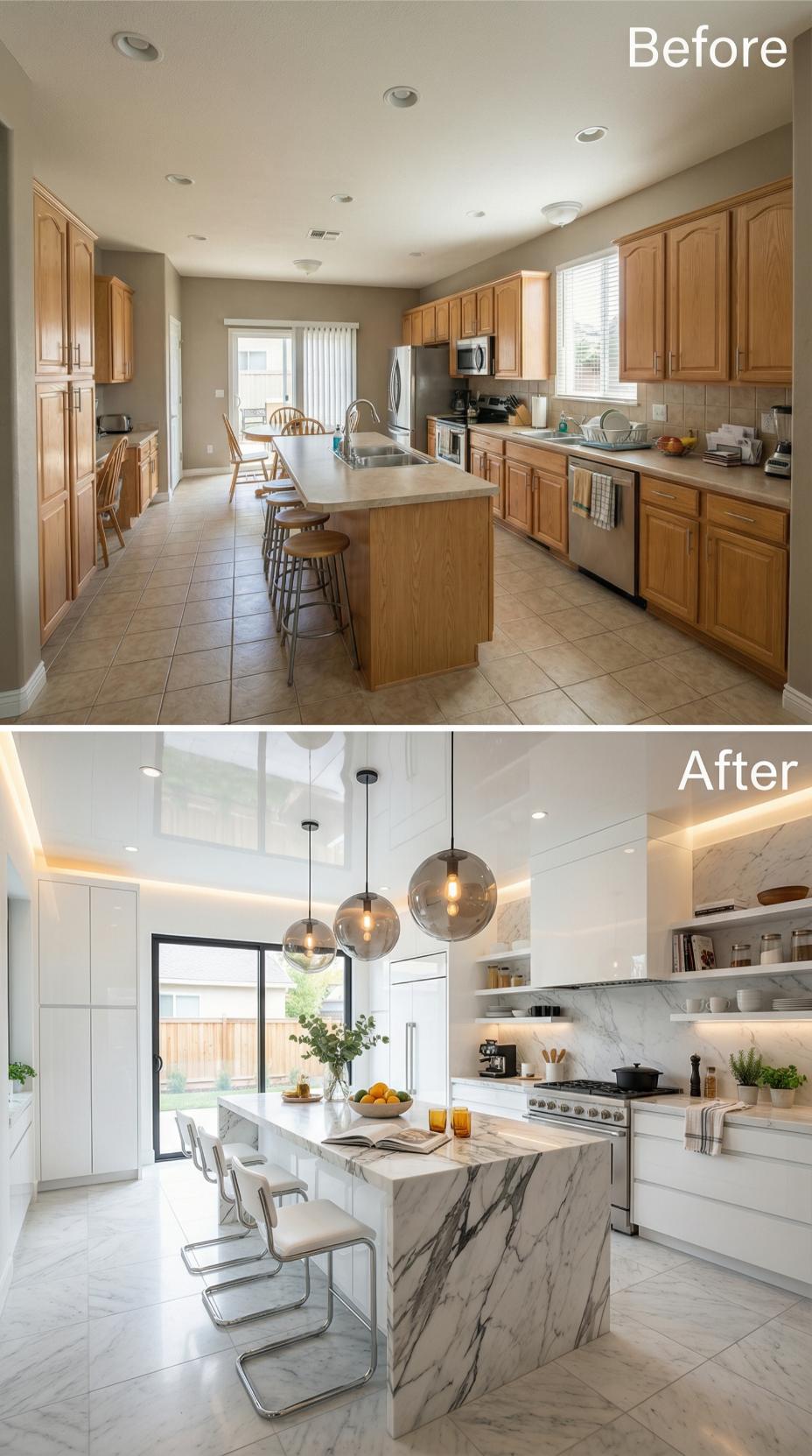 Honey Oak and Beige Tile Replaced by White Lacquer and Marble Drama