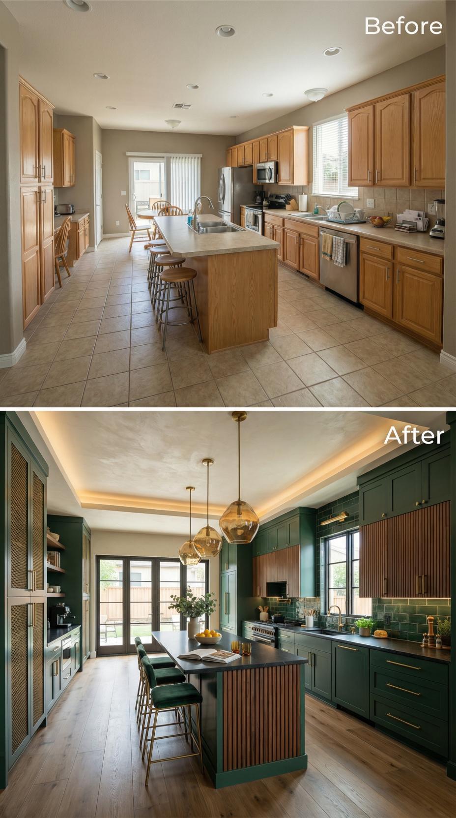 Forest Green Cabinetry Anchors a Layout Built on Brass and Timber Slats