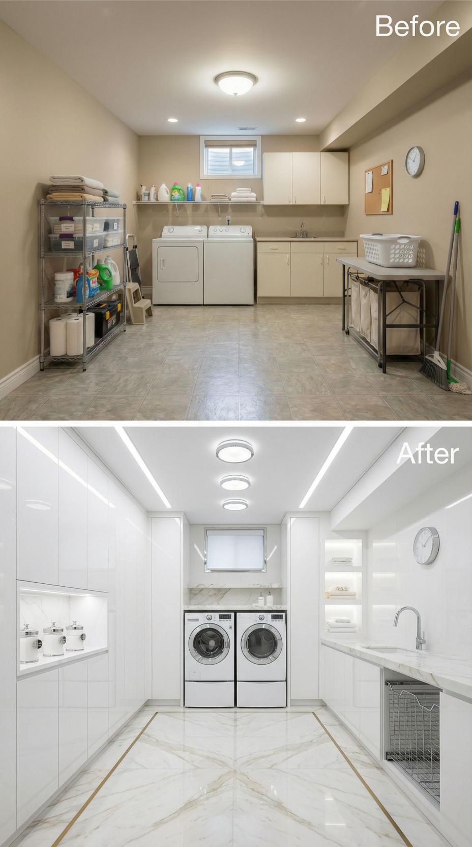 White Gloss Cabinets and Linear Cove Lighting Erase Builder Clutter