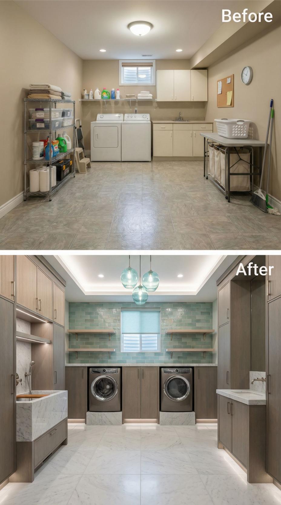 Turquoise Subway Tile and Open Shelving Frame Front-Load Appliances