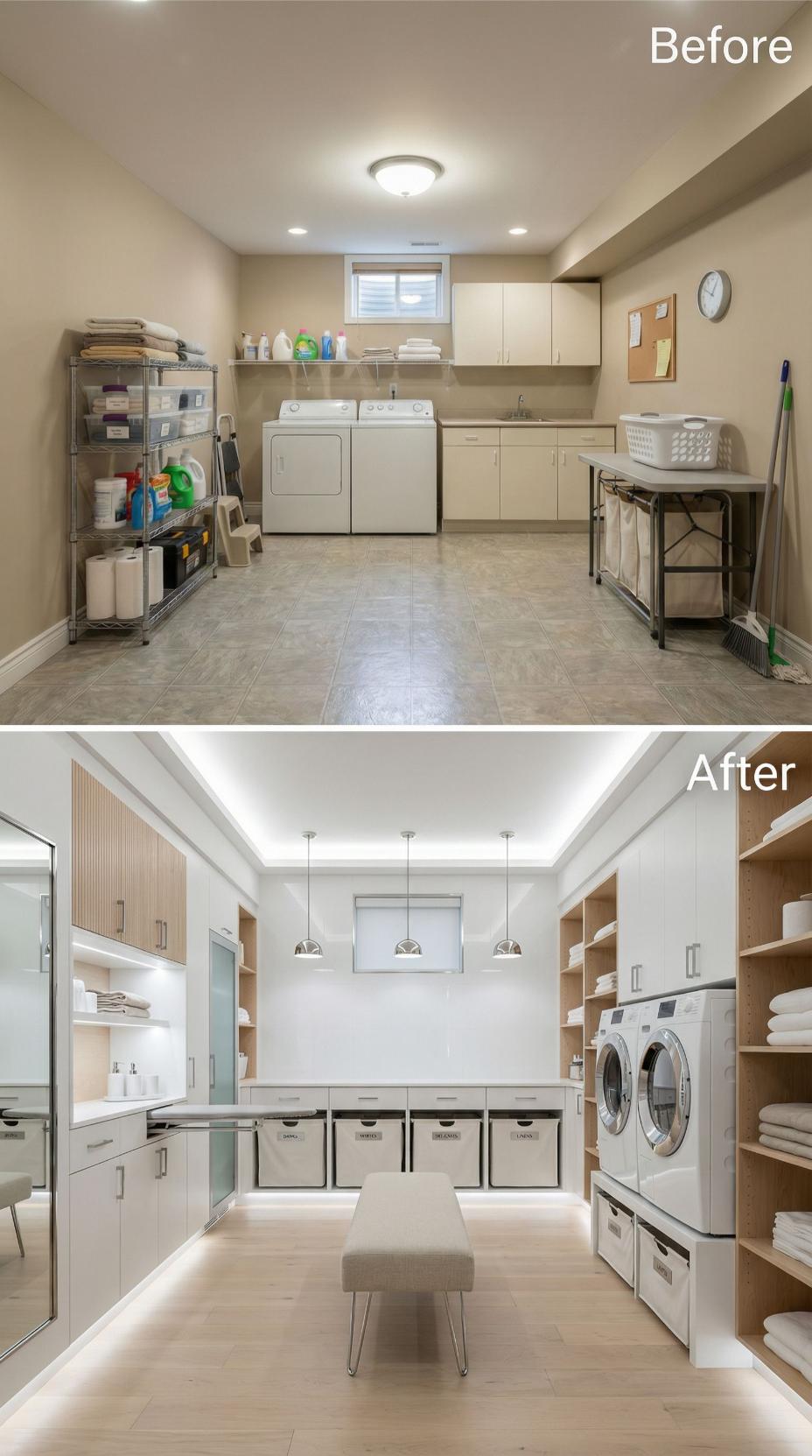 Tray Ceiling LED Glow and Pull-Out Hamper Bins Replace Wire Rack Chaos