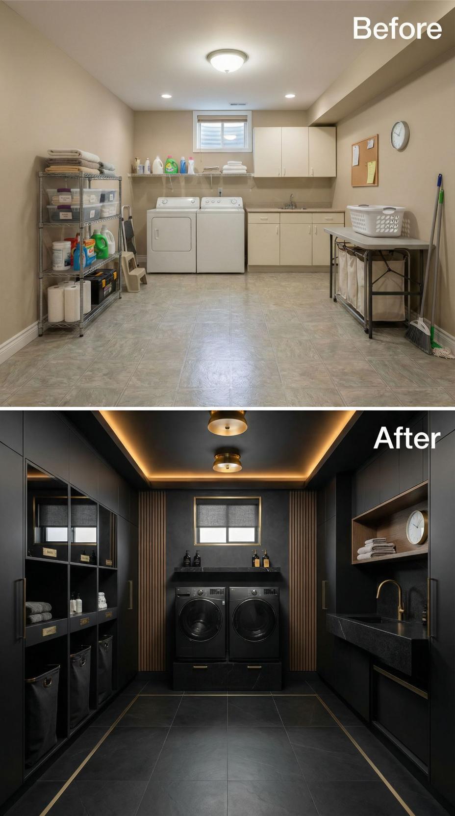 Charcoal Slat Panels Frame Matte Black Appliances Under Brass Cove Glow