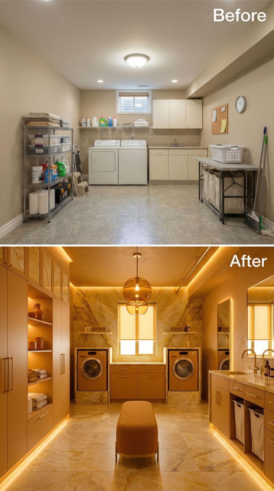 Honey Oak Cabinetry and Backlit Marble Surround Replace Flat Beige