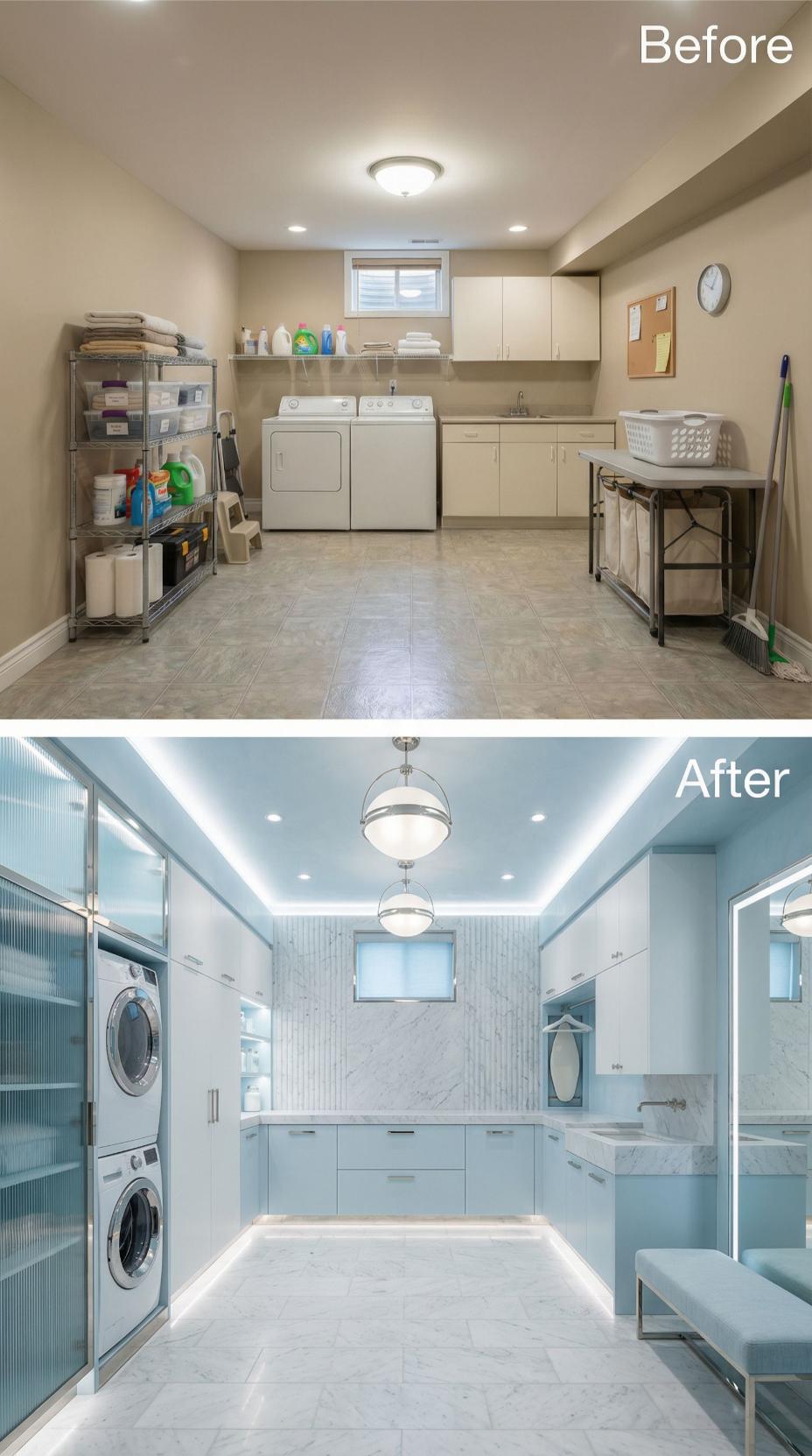 Powder Blue Cabinetry and Stacked Washer Alcove Replace Beige Utility