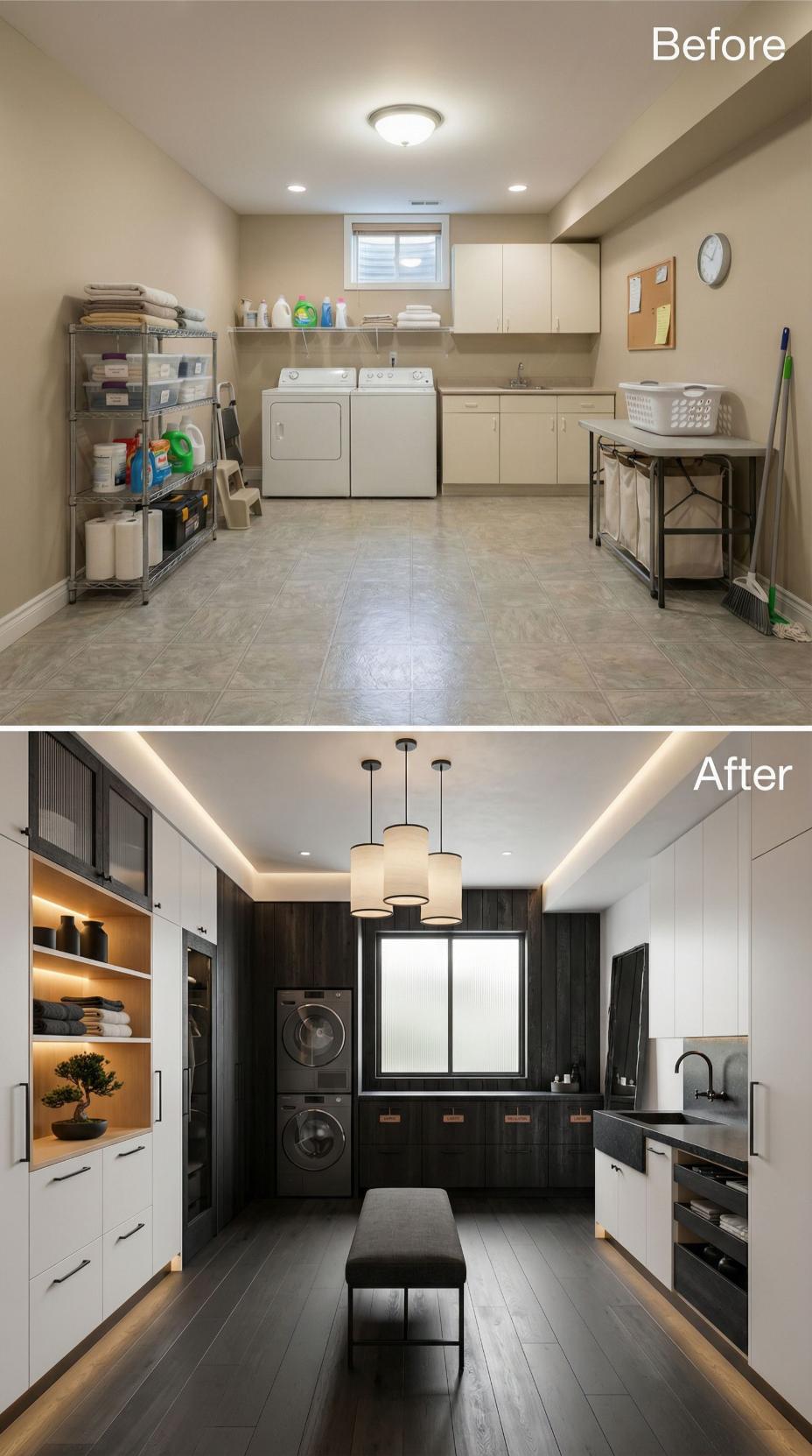 Dark Wood Slatted Cabinets and Three Pendant Drums Replace Beige Tile