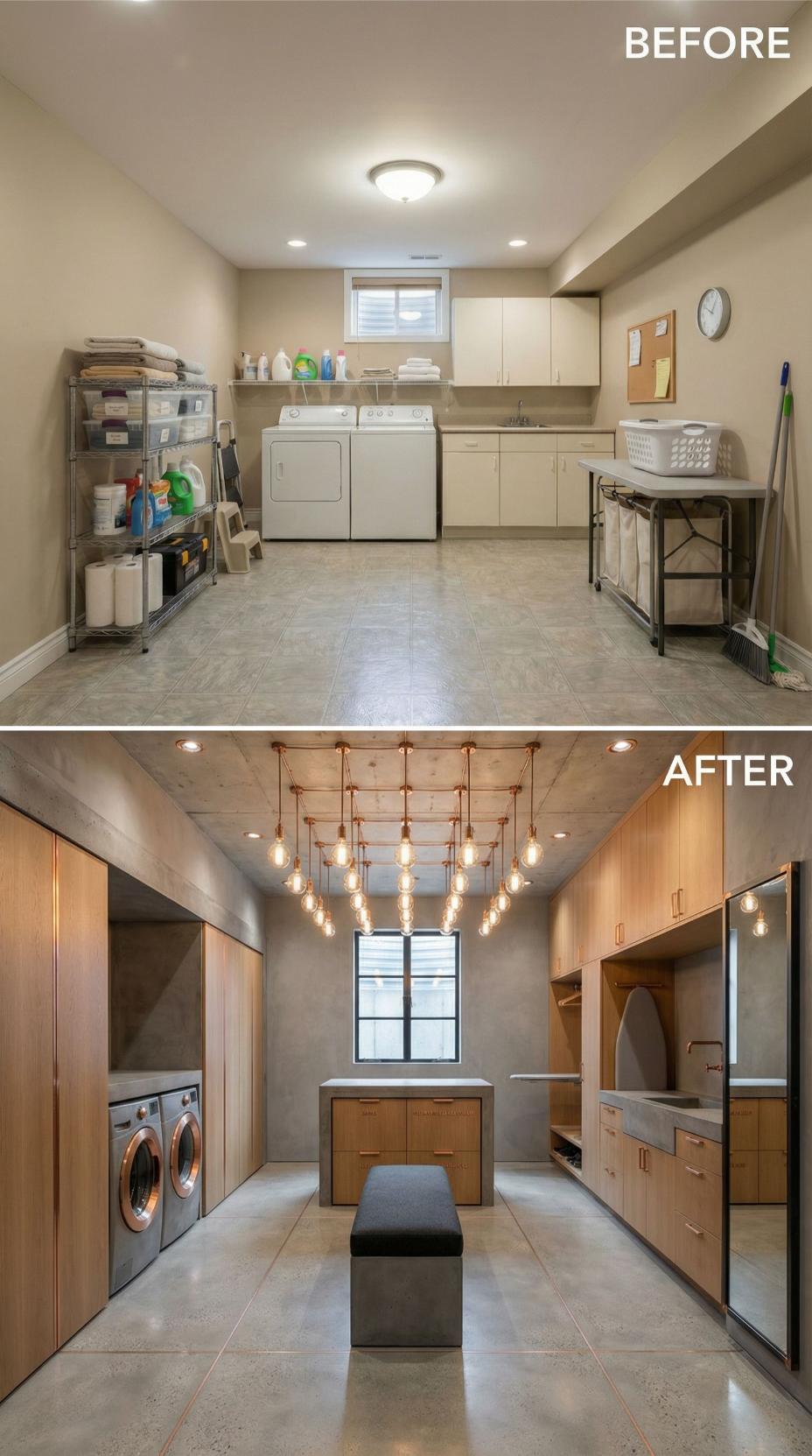 Copper Pipe Grid Chandelier and Concrete Island Replace Beige Simplicity