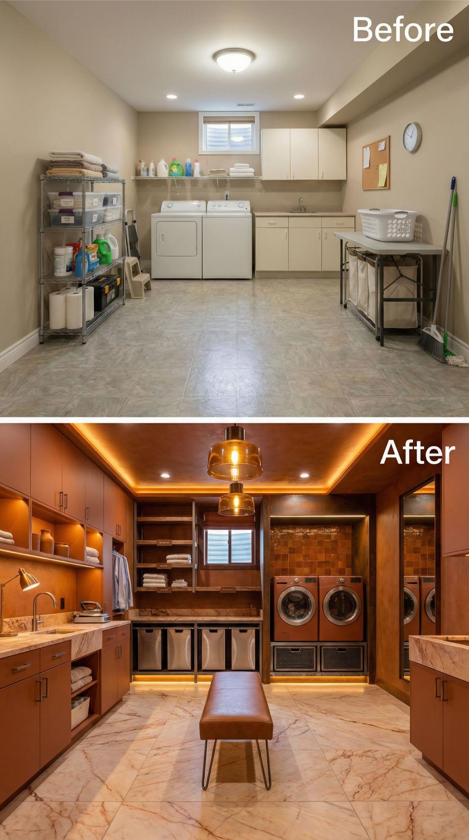 Amber LED Tray Ceiling and Custom Hamper Bench Replace Wire Shelving