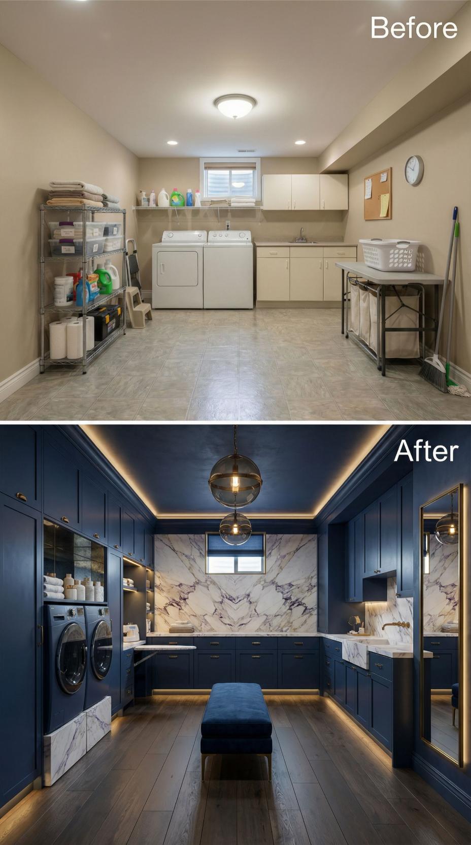Navy Paneled Cabinetry and Cove LED Perimeter Replace Beige Functionality