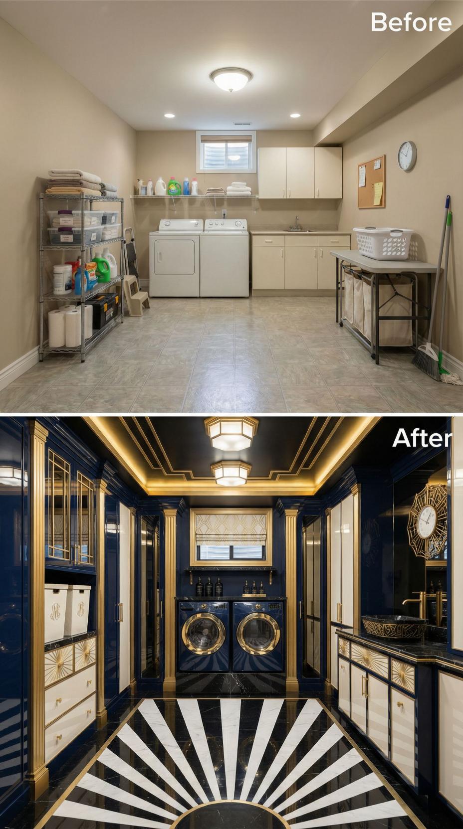Gold-Trimmed Tray Ceiling and Sunburst Floor Replace Basic Basement