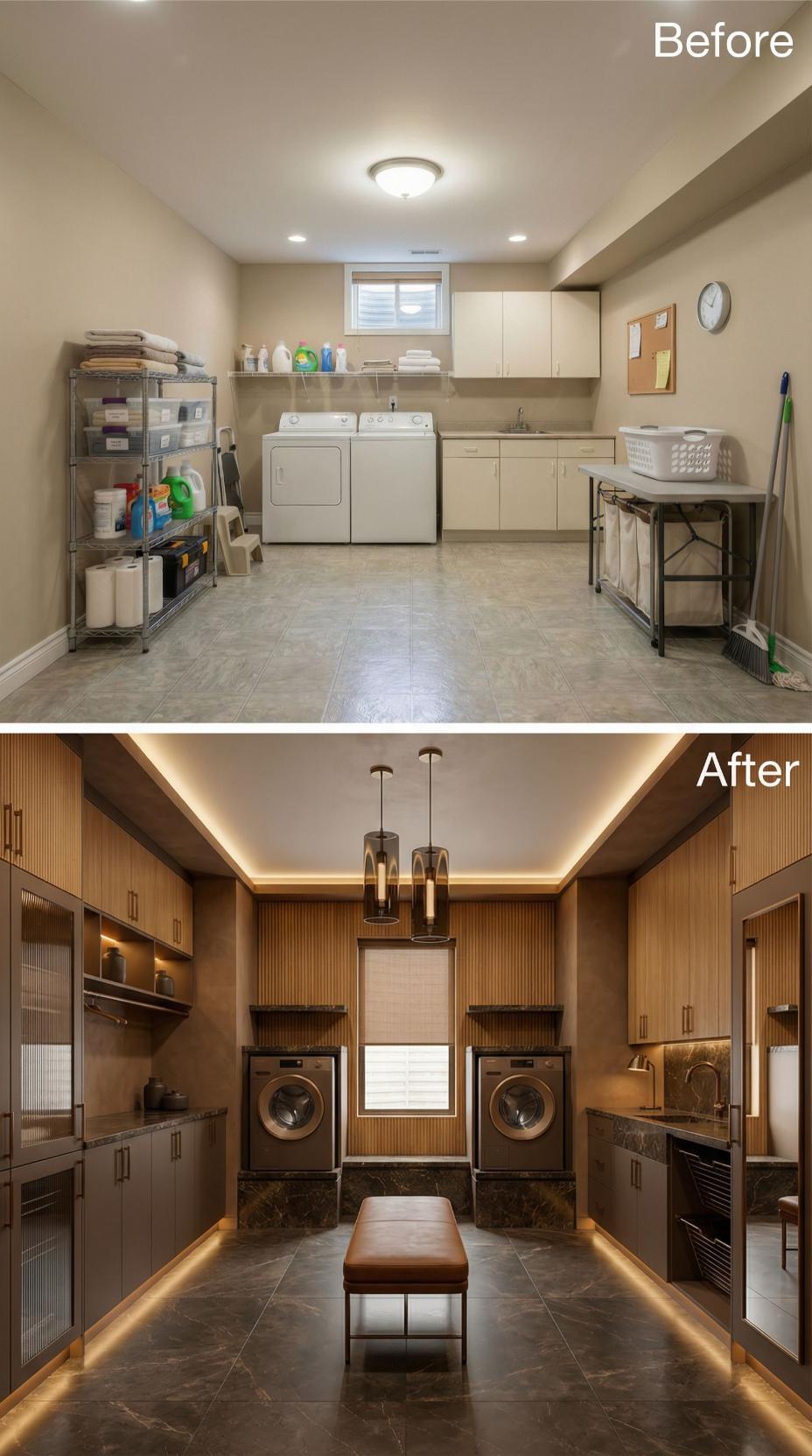 Teak Vertical Slat Walls and Bronze Pendant Cylinders Replace Beige Calm