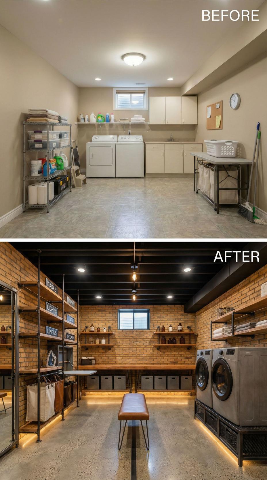 Exposed Brick Walls and Industrial Pipe Shelving Replace Beige Wire Racks