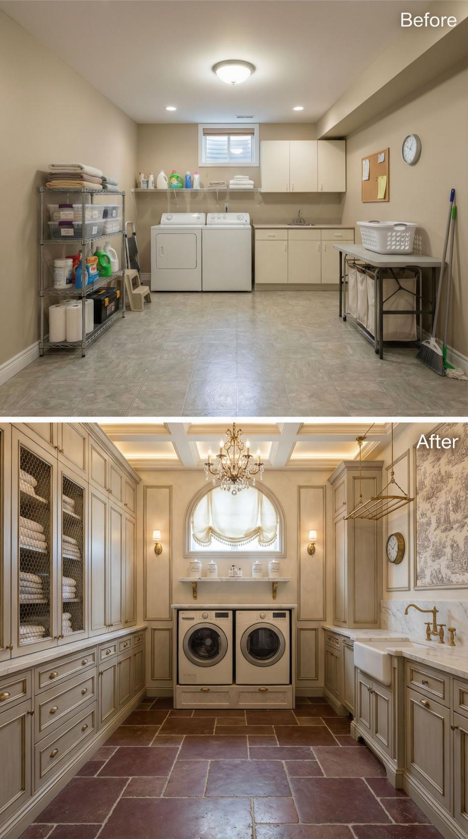 Coffered Beams and Crystal Chandelier Replace Basement Simplicity
