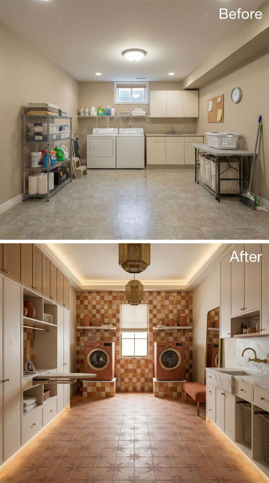 Checkered Terra Cotta Tile and Brass Moroccan Lanterns Replace Beige Basement
