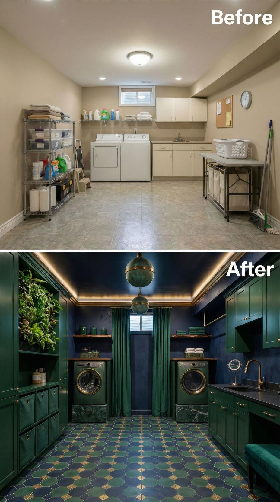 Jewel-Toned Cabinetry and Geometric Floor Tiles Replace Neutral Basement