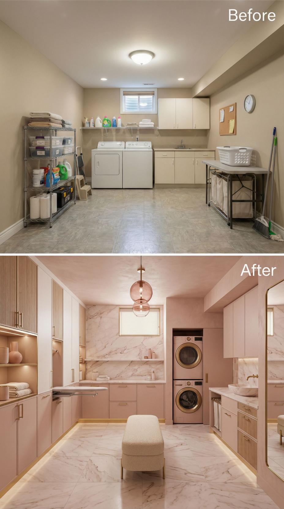 Rose Gold Hardware and Stacked Washer-Dryer Replace Open Utility Layout