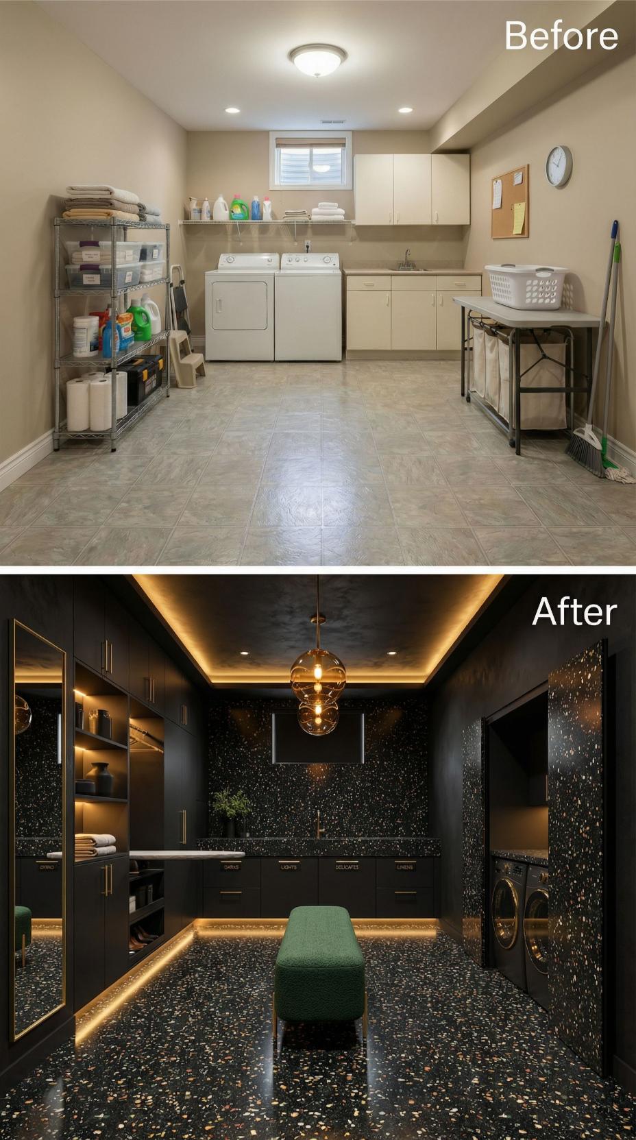 Champagne LED Strips Meet Midnight Cabinets and Terrazzo Drama