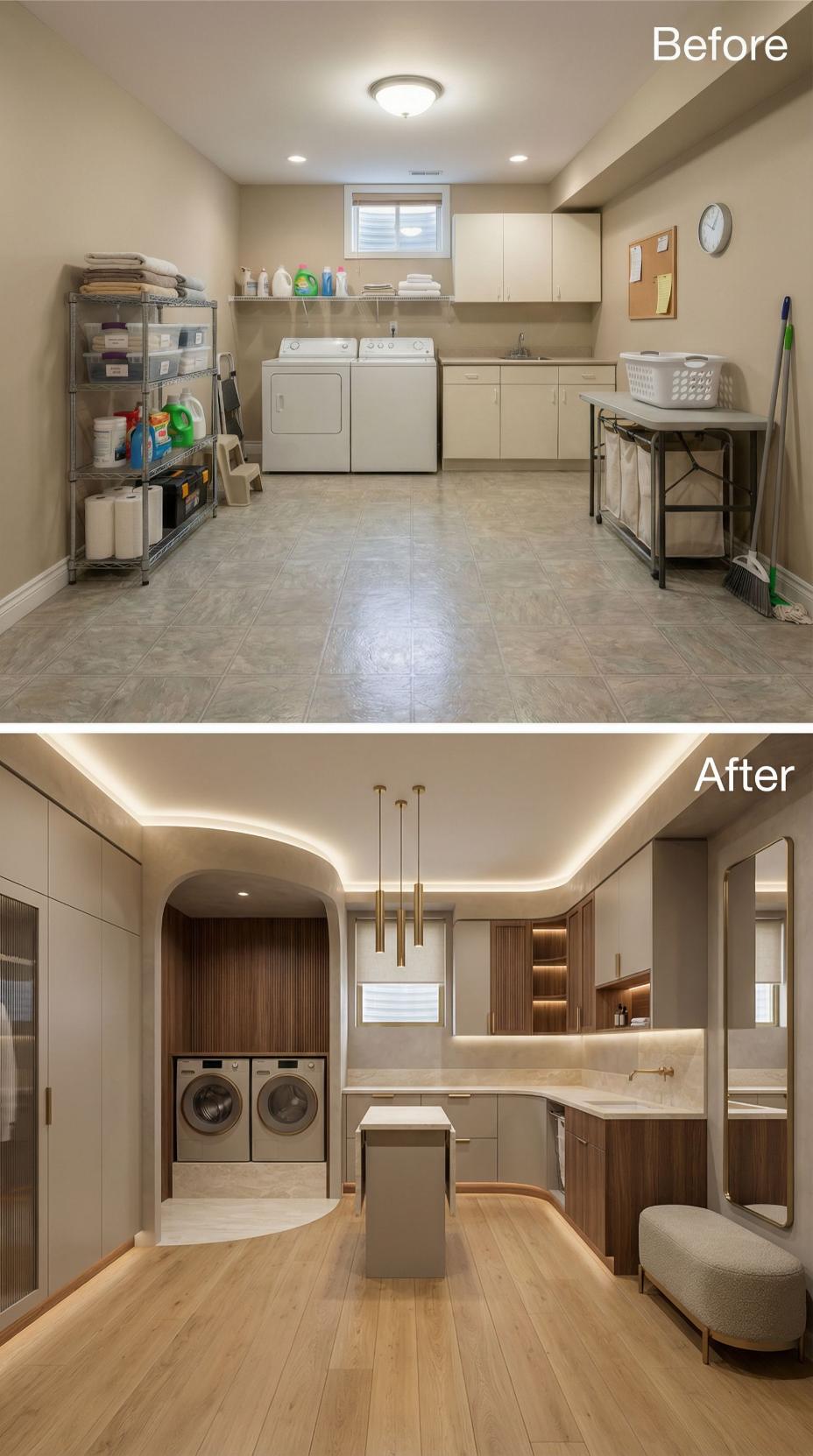 Cove-Lit Walnut Veneer and Arched Alcove Replace Metal Shelving