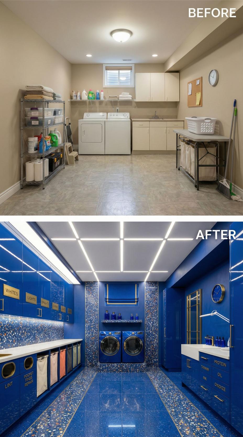 Cobalt Gloss Walls and Gold-Trimmed Drawers Replace Beige Vinyl