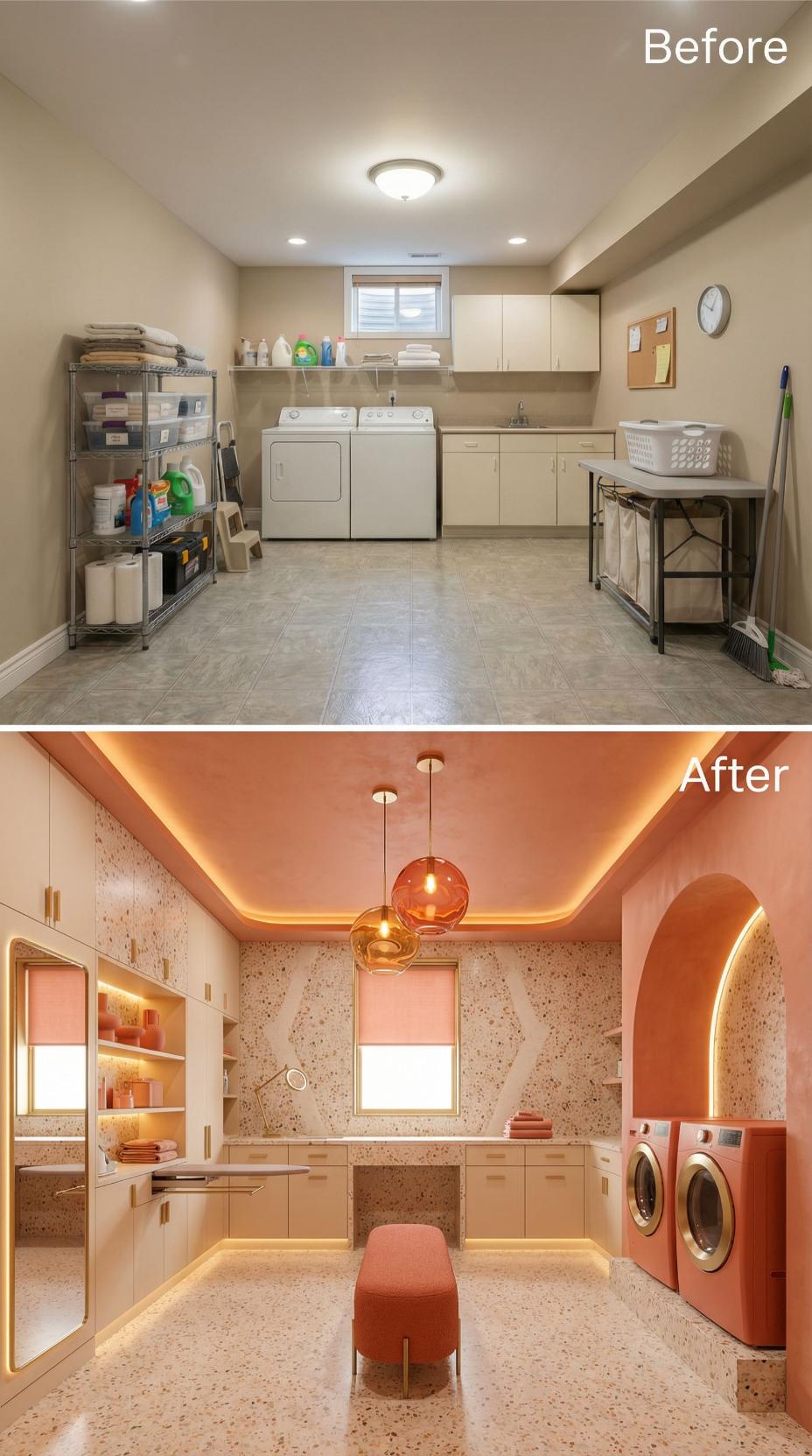 Peach Ceilings and Terrazzo Floors Banish Basement Utility Blandness