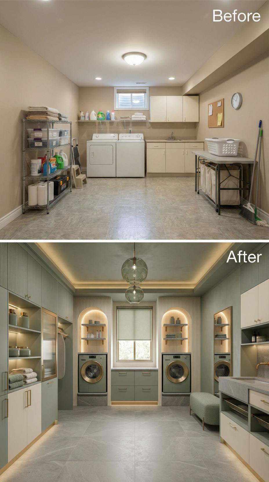 Sage Fluted Alcoves and Gold-Trimmed Washers Replace Beige Basics